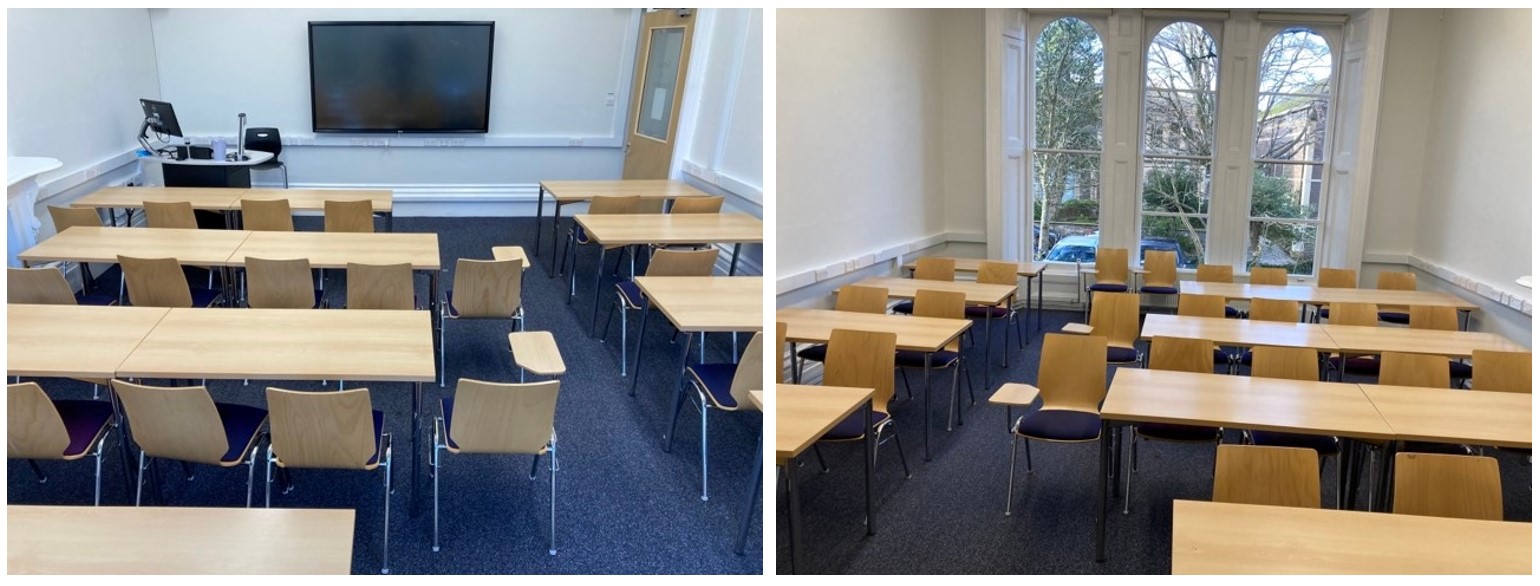 Rows of tables and chairs facing the teaching wall
